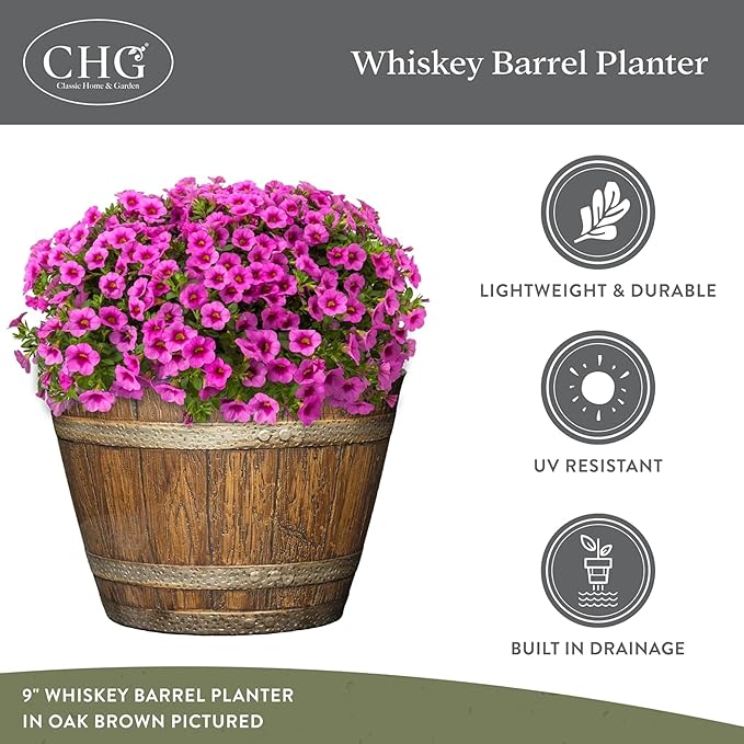 Classic Home and Garden Outdoor Round Whiskey Resin Flower Pot Barrel Planter, Distressed Oak Brown, 20.5" (Pack of 3)