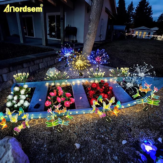 Anordsem Solar Garden Lights Outdoor: 8 Removable Fiber Optic Fabric Butterflies 4 Pack - Waterproof Fun Animal Decoration for Yard Patio - Gardening Gifts for Garden Lovers