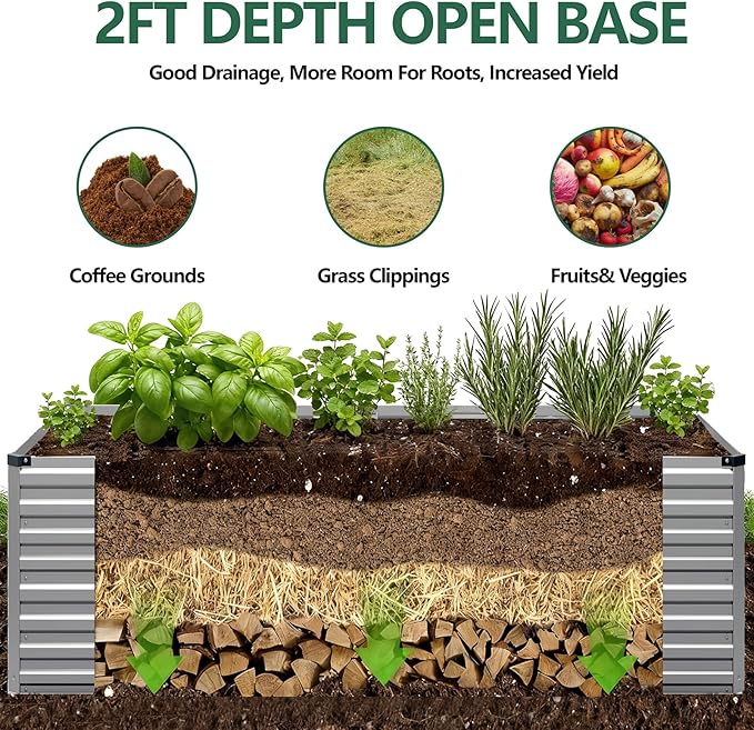 Vengarus 6x3x2FT Galvanized Raised Garden Bed Kit, Deep Root Planter Box for Vegetables, Flowers, Herbs, and Succulents - 269 Gallon Capacity,Silver