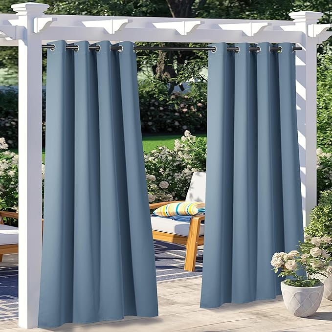 NICETOWN 2 Panels Stone Blue Blackout Outdoor Curtains for Patio Waterproof, Thermal Insulated Silver Rustproof Grommet Blackout Indoor Outdoor Curtains/Drapes for Pergola, W52 x L95