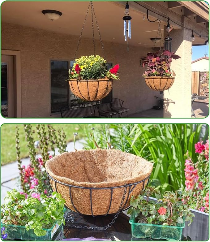 Hanging Baskets Planter for Plants - 4 Pack 14 Inch Metal Baskets with Coco Coir Liner, Hanging Flower Pots for Outside with Chain, Indoor Outdoor Garden Porch Decoration (14'' Pack of 4)