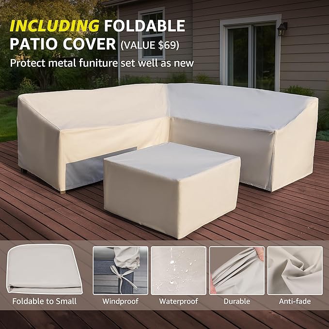 NATURAL EXPRESSIONS 6 Pieces Patio Furniture Sets, Metal Outdoor Sectional Furniture L Shape Patio Conversation Sets,Highback Frame,Metal Table,Large Waterproof Cover, 6.5" Olefin Cushions