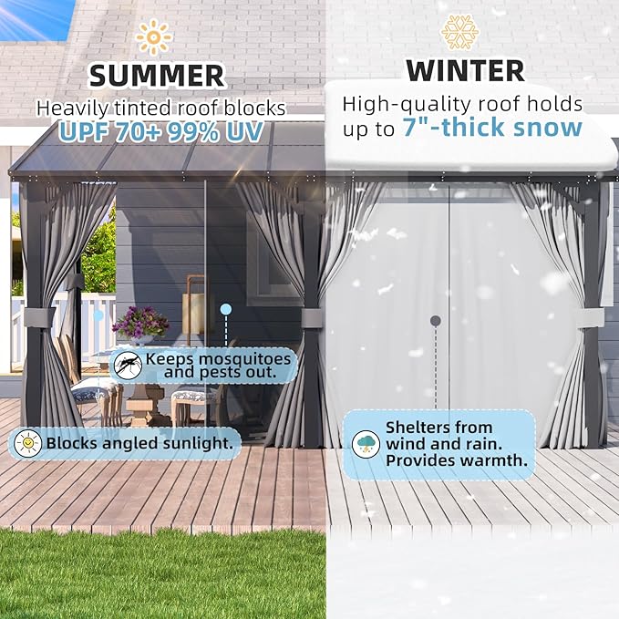 AECOJOY 16' x 12' Gazebo Outdoor Pergola with Curtains and Netting for Patio, Large Wall-Mounted Hardtop Lean to Metal Gazebo Shelter, Pergolas and Gazebos Clearance with Patio Roof Awnings for Decks