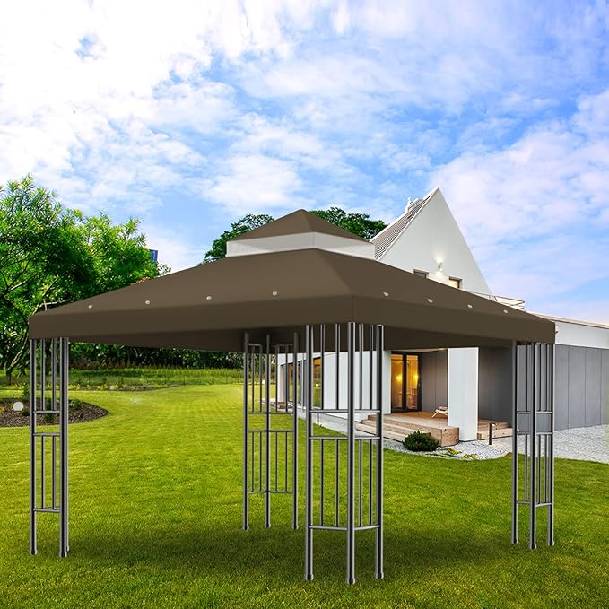 Sumfaller 10x10 FT Gazebo Replacement Canopy Top Cover Double Tiered Canopy Top Cover for Outdoor BBQ Roof Cover Grill Shelter (Dark Brown)