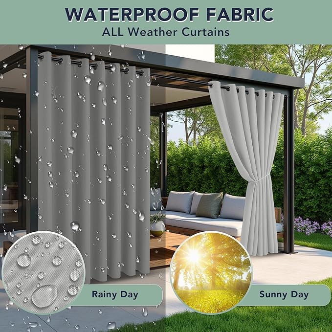 Patio Curtains Outdoor Waterproof - 6 Panels Privacy Weatherproof Outside Curtains with Grommets for Pergola, Gazebo, Porch, Cabana, Balcony, 54 x 95 Inch, Silver