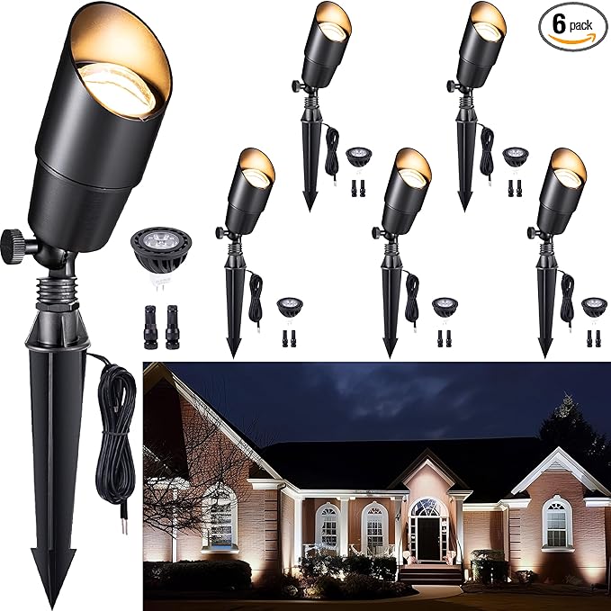 Gardenreet Solid Brass Spot Lights - Black Low Voltage Landscape Spotlight Outdoor, 12V LED Uplights Wired, Waterproof Electric for Patio Wall with 5000K Daylight MR16 Bulb (6 Pack)