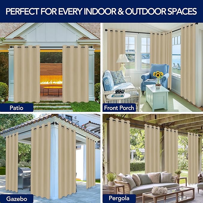 PureFit Outdoor Curtains for Patio Waterproof Weatherproof, UV Resistant Outside Curtains for Gazebo, Front Porch, Pergola, Sun Blocking Privacy Curtain, 52W x 84L inch, 1 Panel, Beige