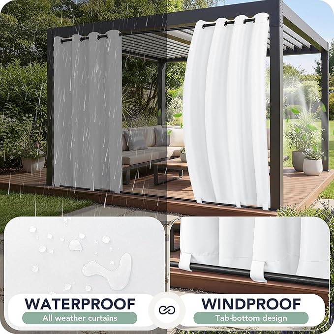 Outdoor Curtains for Patio Waterproof 6 Panels - Windproof, Privacy, Weatherproof Outside Drapes for Gazebo Pergola Porch, Grommet Top and Tab Bottom, 54x108 Inch, White