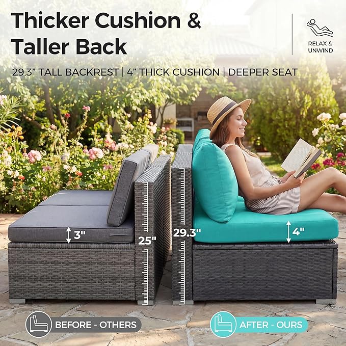 NICESOUL 11 Piece Patio Furniture Set with Fire Pit Table Natural Gas/Propane, 29.3'' High Back Large Outdoor Patio Sectional with Fire Pit & Chaise Lounge, Wicker Deep Seating, Turquoise & Grey