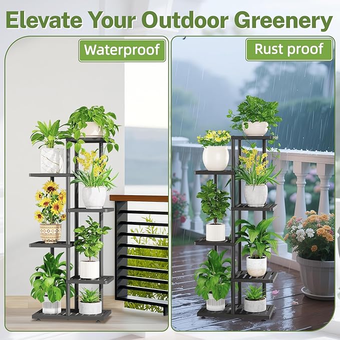 iDavosic.ly Plant Stand Indoor Outdoor, 5-Tier Tall Metal Flower Shelf for Heavy-Duty Large Planters, Corner Orchid Display Rack for Living Room Balcony Patio Porch, Space Saving, Modern Black