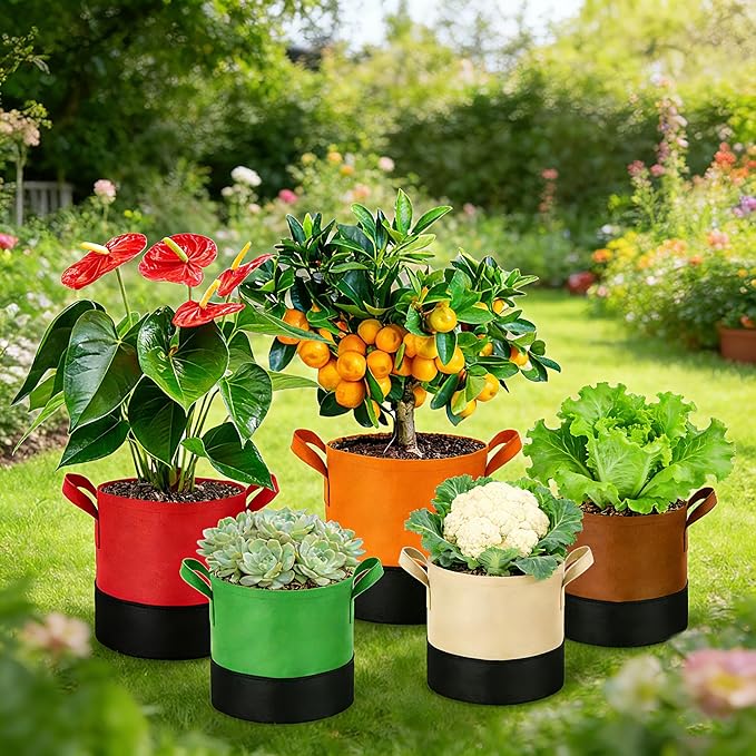 7 Gallon Fabric Grow Bags 5-Pack, 350G Heavy Duty Nonwoven Plant Pots with Handles, Breathable Root Pruning Containers for Vegetables Flowers Indoor Outdoor Gardening