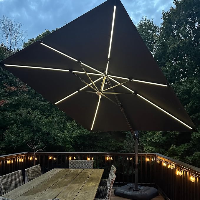 PURPLE LEAF 10 Feet Patio Umbrella with Base Outdoor Cantilever Solar Powered LED Swivel Square Umbrella Aluminum Offset Umbrella with 360-degree Rotation for Garden Deck Pool Patio, Grey