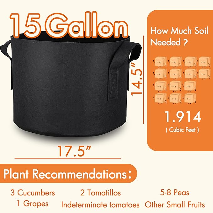 Gardzen 10-Pack 15 Gallon Grow Bags, Aeration Fabric Pots with Handles