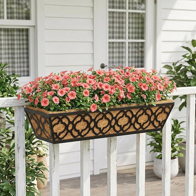 Y&M 24-Inch Window Planter Box 2Pcs Iron Deck Railing With Coco Liner, Metal Horse Troughs for Outdoor Balcony Rail Fence Porch Patio