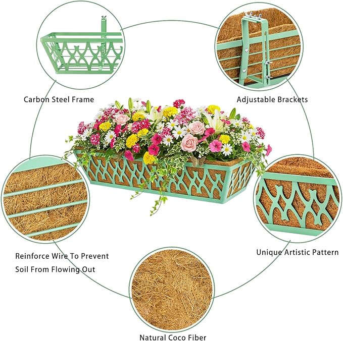 6 Pack 30 Inch Window Boxes Planters Railing Planter Box with Adjustable Brackets for Porch Fence Patio Balcony Hanging Flower Baskets with Coco Liners for Outdoor Garden Decor - Green