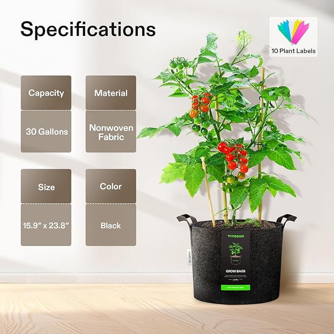VIVOSUN 5-Pack 30 Gallons Grow Bags, Heavy Duty Thickened Nonwoven Fabric Pots with Handles