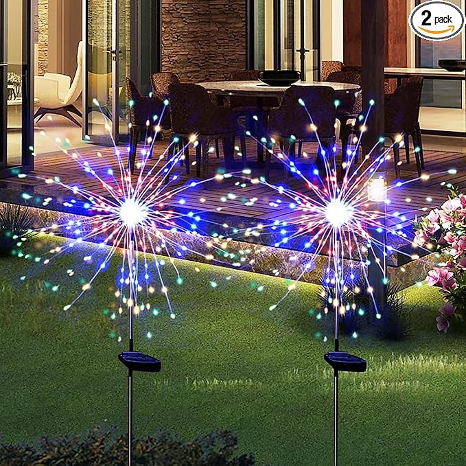Solar Garden Lights for Outdoor Decor, Waterproof 2 Pack Solar Powered Firework Stake 120 LED Sparklers String Lights for Yard Pathway 4th of July Decorations(Colorful)
