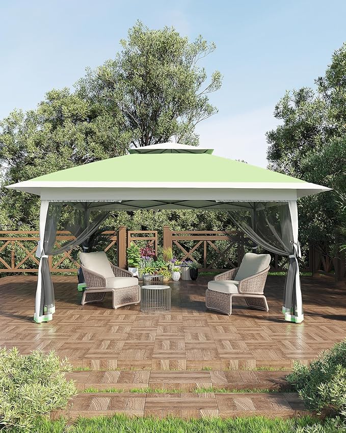 Canopy Tent 12x12 ft, Pop Up Gazebo One-Push Setup with 4 SandBags for Backyard Parties and BBQs, Mosquito Netting & Height Adjustable - Olive Green