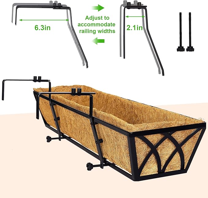 Y&M 24 Inch Window Deck with Coco Liner, Fence Metal Hanging Flower Planter Window Basket Deck Railing Planter Boxes for Outdoor Garden Lawn,6pcs