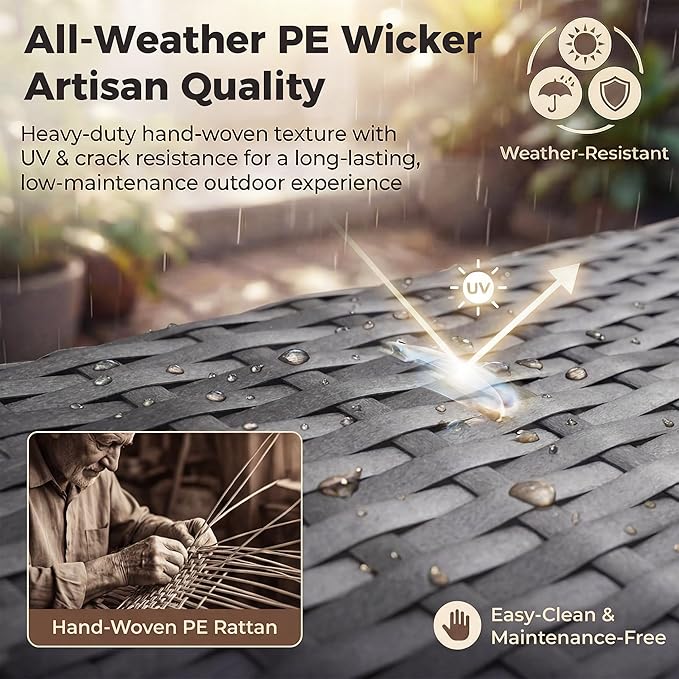 NICESOUL Large Size 9 Piece Patio Conversation Set with Fire Pit Table Propane/Gas, 29.3'' High Back Outdoor Furniture Sectional Set, Heavyweight Rattan Contemporary Sofa, 2 Color Cushion Black &Gray