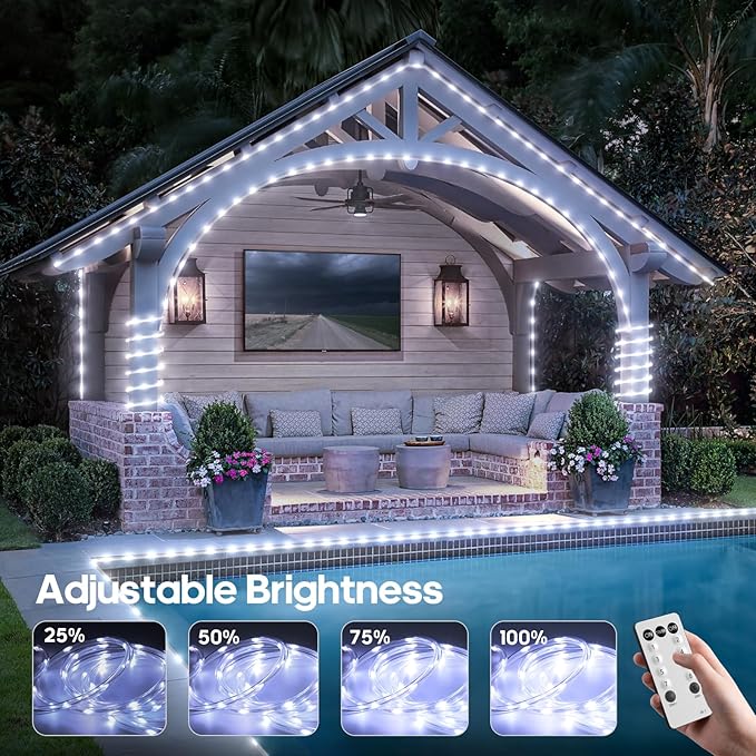 50FT 360 LED Waterproof Rope Lights Outside with Remote, 8 Modes and 4 Brightness Tube Lights for Christmas, Bedroom, Patio, Garden, Indoor Outdoor Decoration (Cool White)