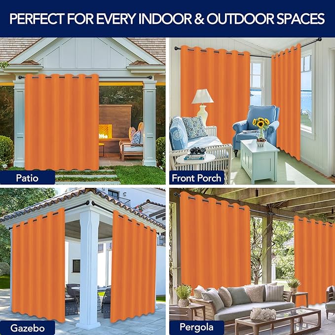 PureFit Outdoor Curtains for Patio Waterproof Weatherproof, UV Resistant Outside Curtains for Gazebo, Front Porch, Pergola, Sun Blocking Privacy Curtain, 100W x 120L inch, 1 Panel, Orange