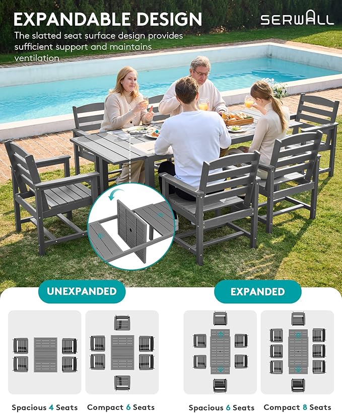 SERWALL 9-Piece Outdoor Dining Set, 60" - 83" Expandable Outdoor Dining Table and 8 HDPE Chairs, All Weather HDPE Outdoor Furniture Set for Backyard, Garden, Grey