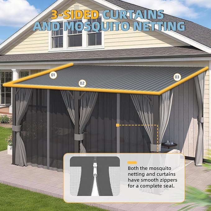 AECOJOY 16'x8' Outdoor Hardtop Metal Gazebo with Curtain and Netting for Patio, Large 8x16 Lean to Wall Mounted Pergolas and Grill Gazebos Clearance, Heavy Duty Galvanized Steel Roof Awnings for Decks