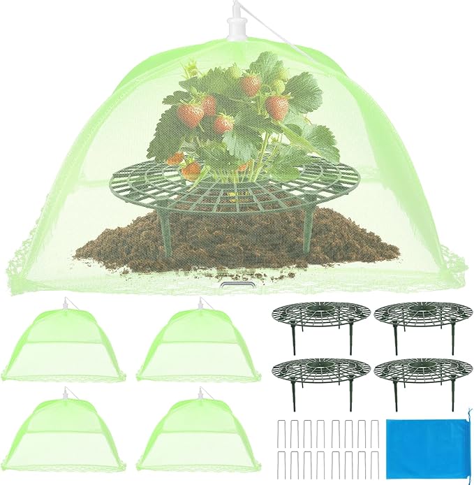 4 Sets Strawberry Plant Support with Mesh Plant Cover,Strawberry Growing Racks Sets with Iron Plant Nails and Storage Bag for Garden Strawberry Vegetables(Green Net - Round)