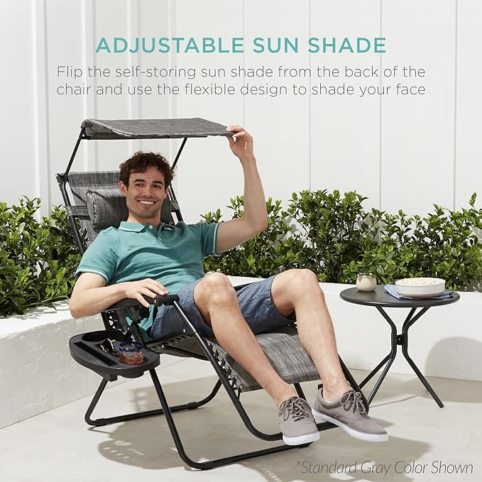 Best Choice Products 30” Wide Folding Zero Gravity Outdoor Recliner Patio Lounge Chair w/Adjustable Canopy Shade, Headrest, Side Accessory Tray - Light Blue