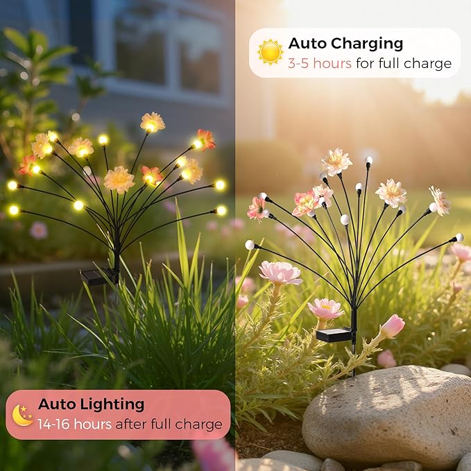 Solar Garden Lights, Warm White LED Swaying Solar Flowers Light for Outside, Waterproof Garden Decor, Outdoor Decorative Lights Yard, Patio, Pathway Decoration Gardening Gifts (2 Pack)