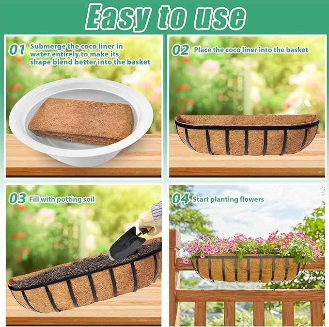 Y&M 24" Coco Liner for Window Box Deck Basket Planter Trough Coconut Fiber Liners, 4pcs Trough Coco Liner Pre-Formed Replacement
