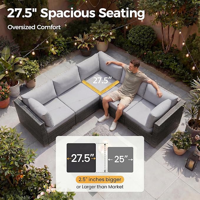 NICESOUL 13 Pcs Patio Set with Fire Pit Table, Modular 10-Seat Wicker Outdoor Sectional with Fire Pit & Chaise Lounge, 500 lbs High Weight Capacity Deep Seated Sectional Couch Set, Light Gray
