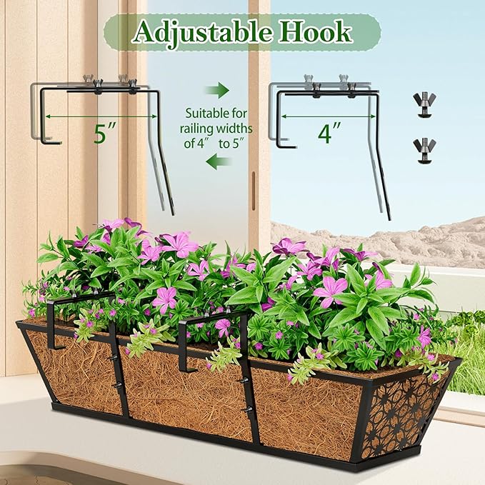 SPECILITE 30" Window Boxes Planters, Heavy Duty Metal Railing Planter Boxes, Adjustable Balcony Planters for Railing Hanging, with Coco Liner & Tool Set for Deck, Porch, and Patio Gardening (4 Pack)