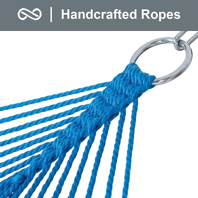 SUNCREAT Polyester Rope Hammock with Bamboo Spreader Bar, Carrying Bag, 450 lbs Capacity, Two Person Hammock with Tree Hooks, Blue