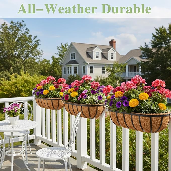 30 Inch Railing Planter Window Box Deck Balcony Rail Planter with Coco Liner Metal Wall-Mounted Coconut Liner Basket English Horse Trough for Outdoor Balcony Porch Fence Patio (2 Pack)