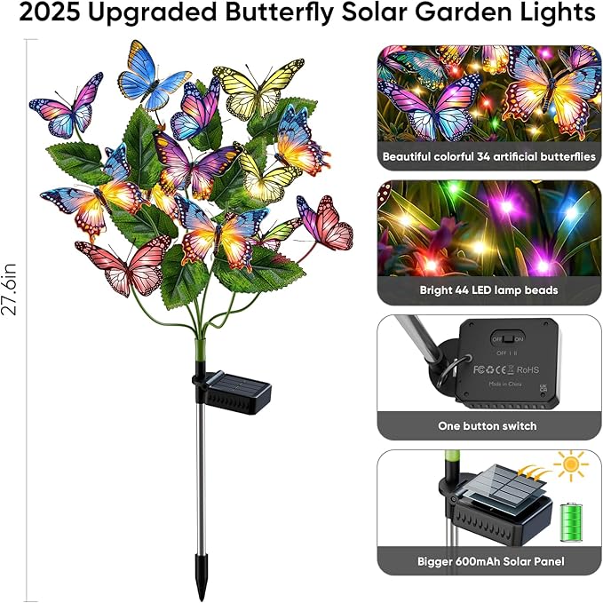 Solar Lights Outdoor Garden Decor: 4 Pack 68 Silk Butterflies with 88 Color-Changing LEDs - Auto On/Off 12H Magical Lighting IP65 Waterproof for Yard Patio Pathway - Unique Gifts for Mom Grandma