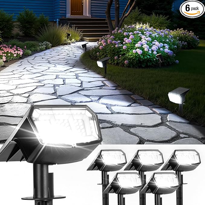 Solar Spot Lights Outdoor IP67 Waterproof 6 Pack, 63 LED 3 Modes Solar Landscape Spotlights for Yard Garden Pathway Wall House Garage (Cool White)