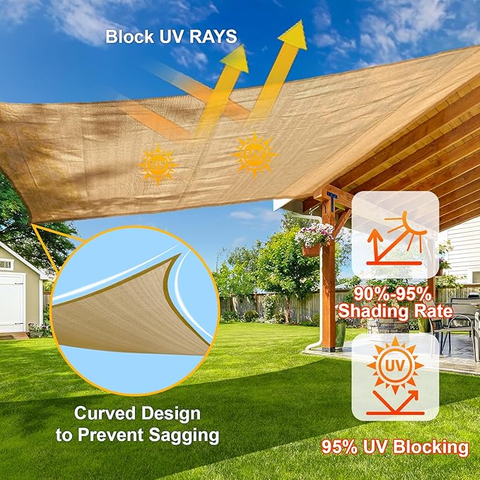 SUNLAX Sun Shade Sail 10' x 20' x 22.4' Sand Rectangle Canopy Sail Shade Cover UV Block Permeable Sunshade Outdoor for Patio Backyard Deck Pergola (We Make Custom Size)