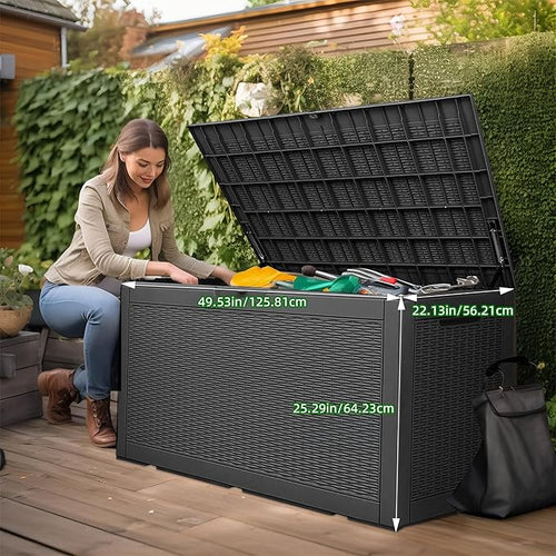 120 Gallon Outdoor Deck Box, Lockable Waterproof Outdoor Storage Boxes For Garden Tools,Indoor Cushions,Accessories Outside Storage Resin Weatherproof Container(Black)