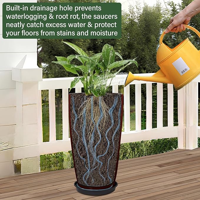Set of 2 Lightweight Ceramic-Look Tall Planter, 21 inch Large Plastic Planter with Drain Hole & Saucers, Large Outdoor Planters for Porch, Garden, Patio, Balcony(Fiery Red)