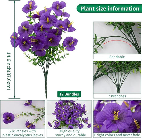 12 Bundles Artificial Pansy Flowers for Outdoor, Faux Silk Pansies Spring Flowers Outside for Planter Front Door Porch Yard Patio Window Box Home Decor (Purple)