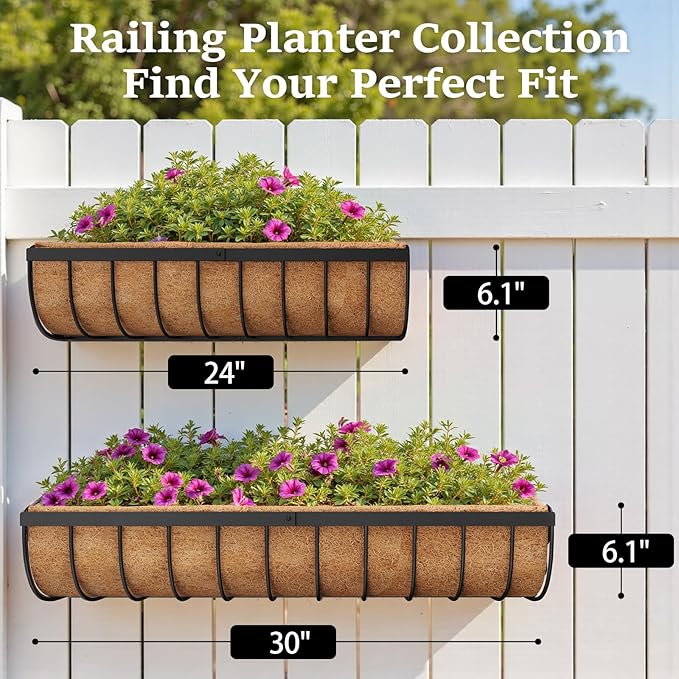 Railing Planter Boxes, 24 Inch Window Boxes Planters, Balcony Planters with Adjustable Brackets & Coco Liner & Support Rod for Outdoor Fence, Deck, Porch, and Patio Gardening, 2 Pack