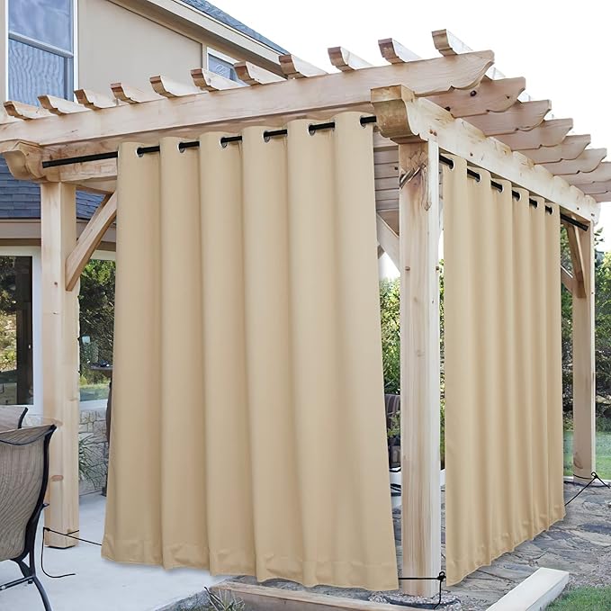 NICETOWN 2 Panels Outdoor Curtains for Patio Waterproof & Windproof, Thermal Insulated Top & Bottom Grommet & Back Tab Light Block Outdoor Drapes with Bouns Rope for Fixed, Biscotti Beige, W84 by L84