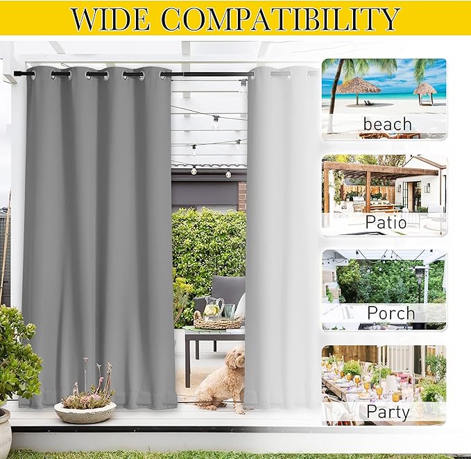 NICETOWN Outdoor Curtains for Patio Waterproof 2 Panels, W100 x L84 Windproof Grommet & Back Tab on Top & Bottom Thermal Insulated Sun Blocking Drapes with Rope for Deck, Silver Grey