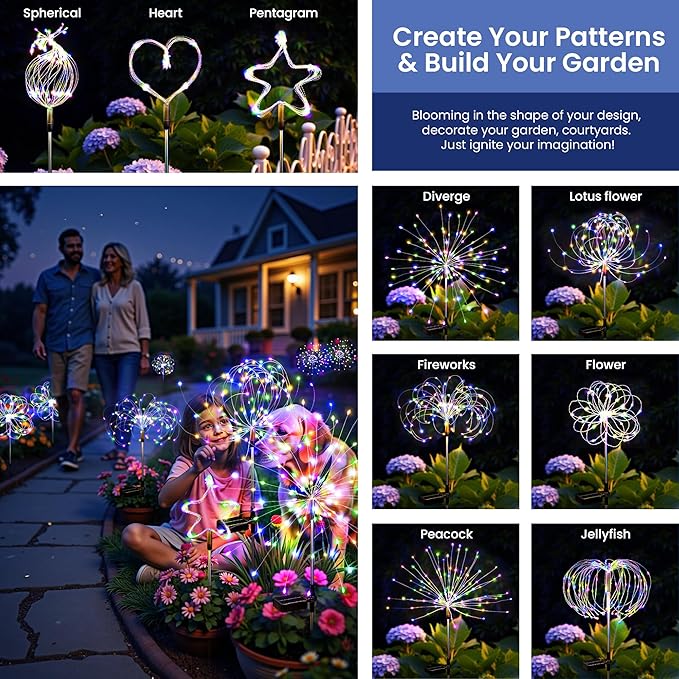 Solar Lights Outdoor, 120LED 8pack Fairy Garden Lights Decor for Outside Fireworks Lights Solar Powered for Yard, Patio, Pathway, Walkway, Balcony,Multicolor