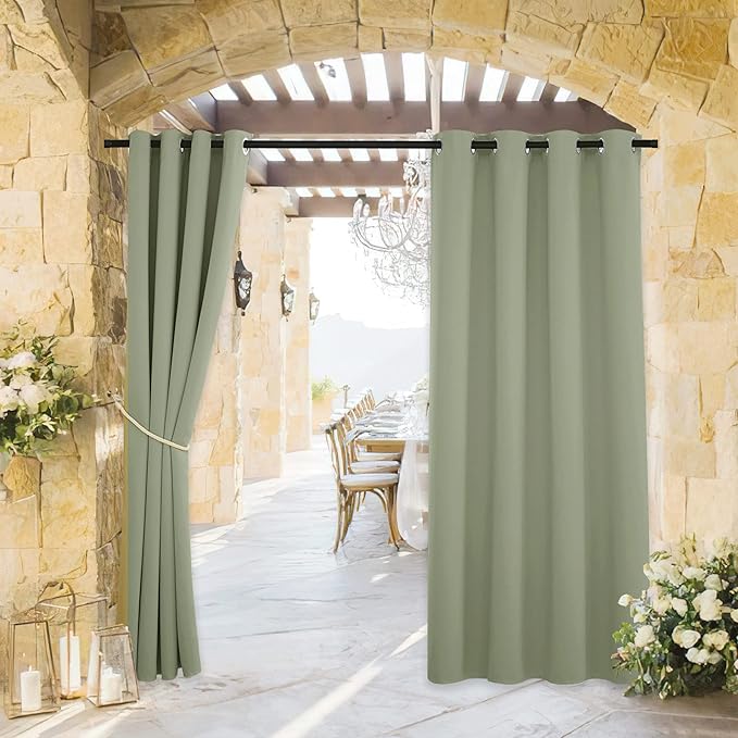 RYB HOME Outdoor Curtains for Patio Waterproof Block Sunlight Thermal Insulated Privacy Assured Thick Outside Curtains for Deck, Balcony, Pool, W52 x L63, Sage Green, 1 Panel