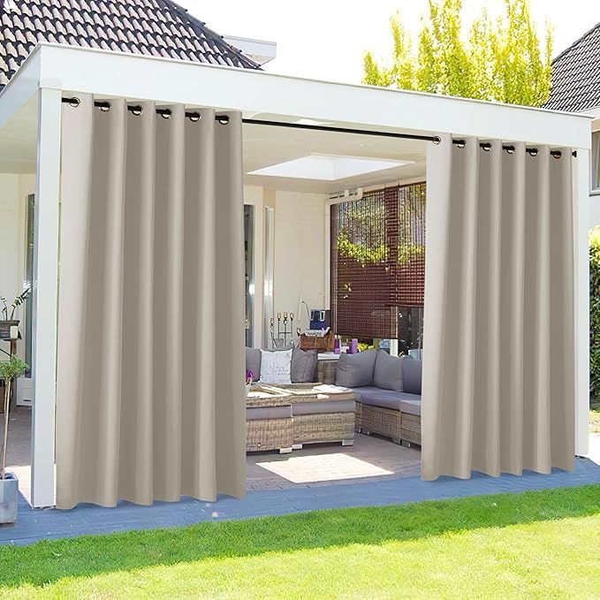 NICETOWN Outdoor Curtains for Patio Waterproof Extra Wide 84", 2 Panels Sun Blocking Vertical Blinds Thermal Insulated Stainless Grommet for Front Porch/Gazebo/Pergola, Natural, 84" Long