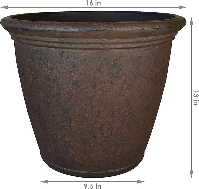 Sunnydaze 15.25-Inch Anjelica Large Plastic Pot for Plants - Outdoor Double-Walled Large Plastic Planter with Drillable Drainage Holes - Rust - 4pk