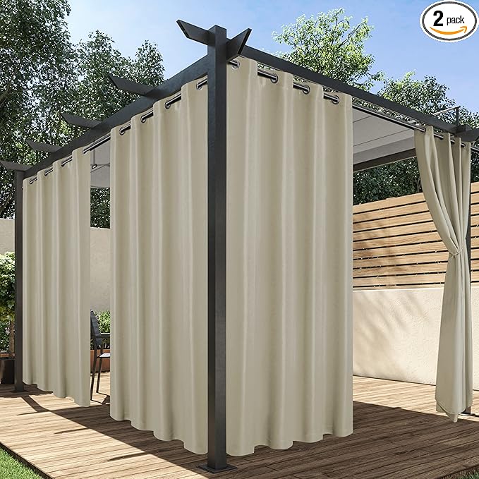 HolidayIdeas Outdoor Curtains for Patio Waterproof, 2 Panels - 84 x 84 Inch - Privacy Protection & Light Filtering Curtains Grommet Outside Curtains for Porch, Gazebo, Pergola, Backyard (Taupe)